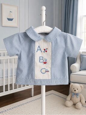 EUC Vintage Tiny Tots Embroidered ABC Summer Shirt Baby Boys 6-9 Mo